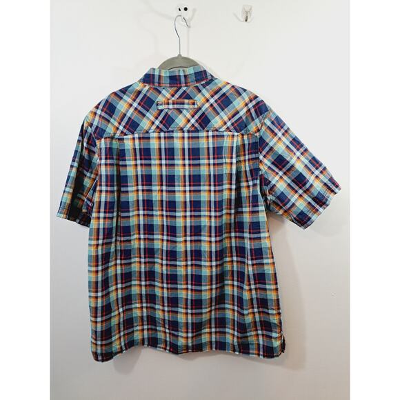 Duluth Untucked Men's Large Slim Fit Navy Blue And Turquoise Plaid Button Up - Picture 2 of 5